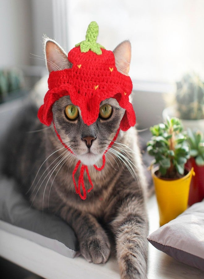 Qulkws Strawberry Cat Hat, Cartoon Strawberry Design Knit Hat, Cotton & Soft Cute Knitted Hats, Funny Strawberries Dog Costume, Cute Costume Accessory for Puppy, Kitten, Small Animals, with Adjustable Cord - Image 5